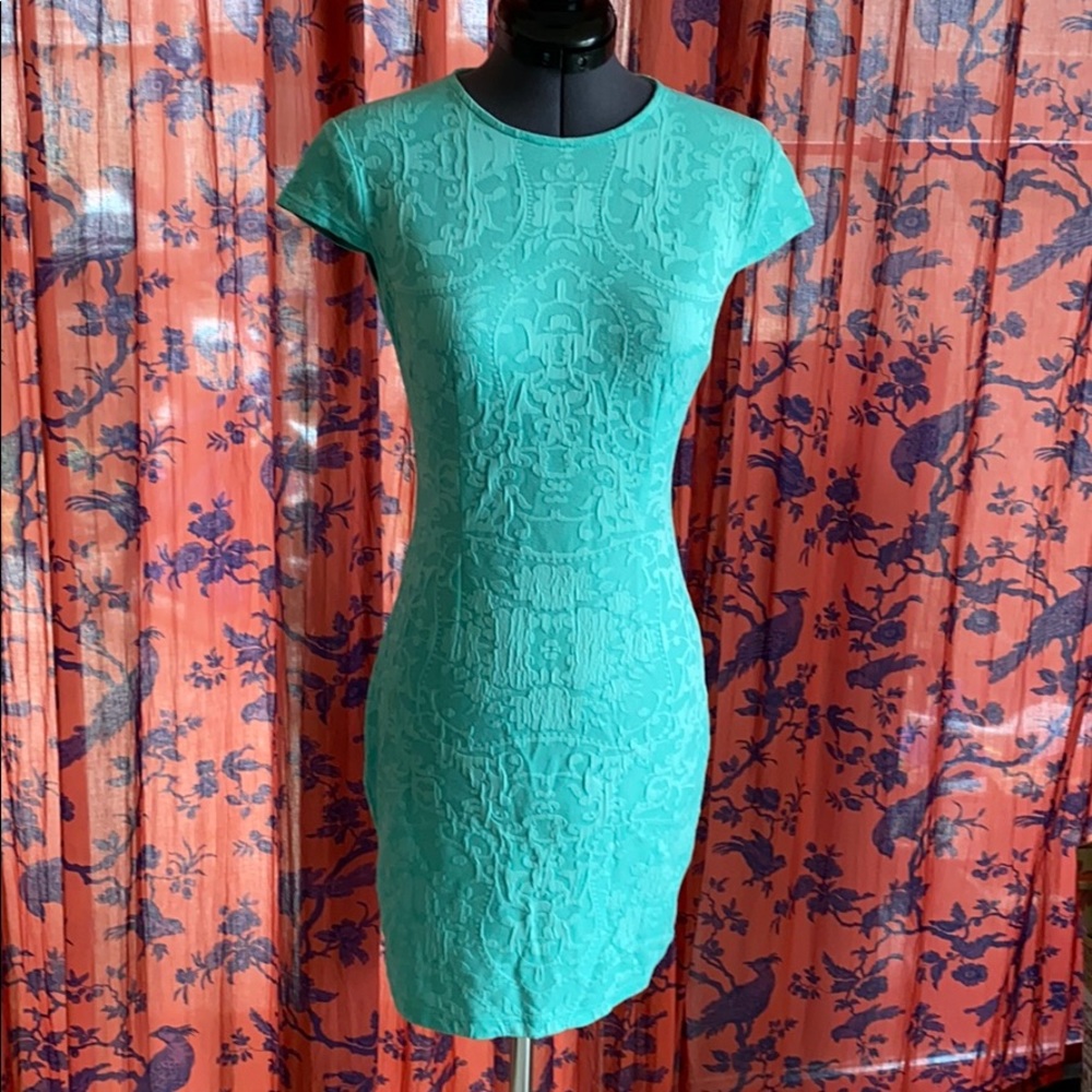 Patterned teal cap sleeve dress